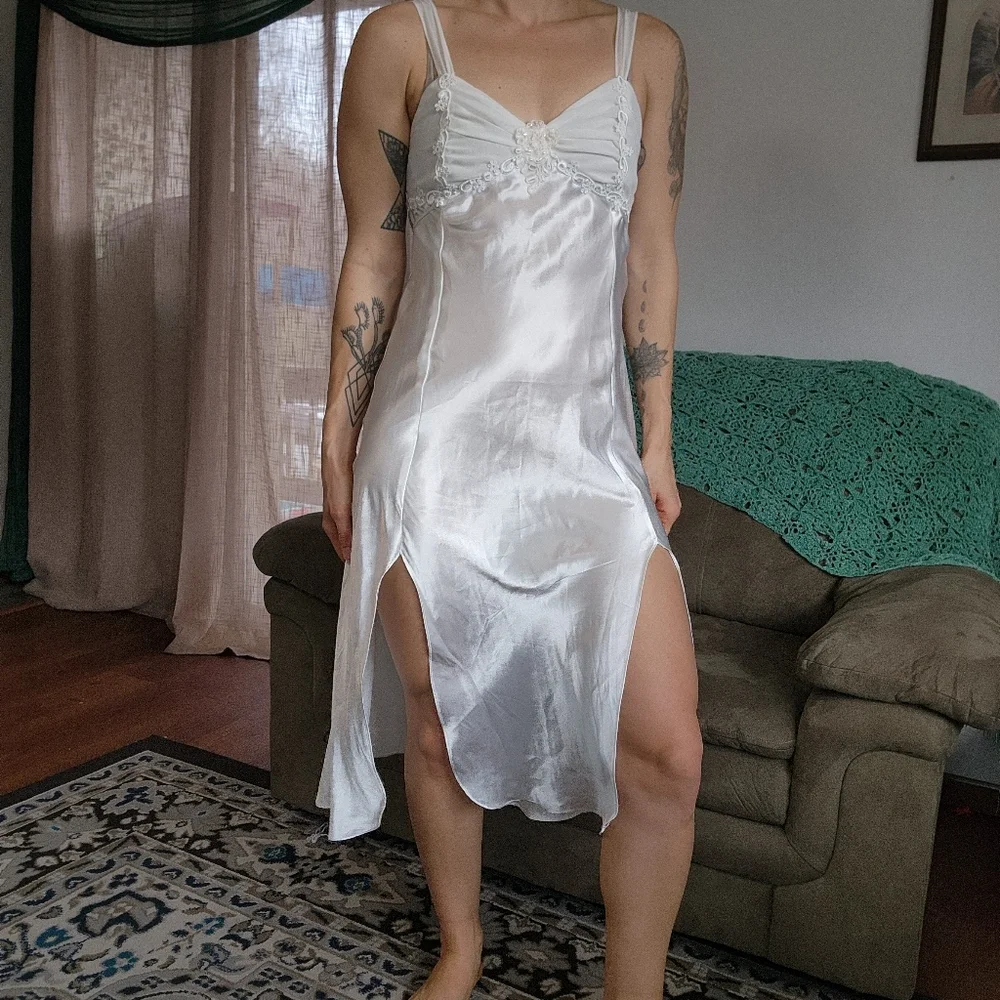 Vintage Feminine White Satin Beaded Midi Slip Dress Size Medium - Picture 2 of 6